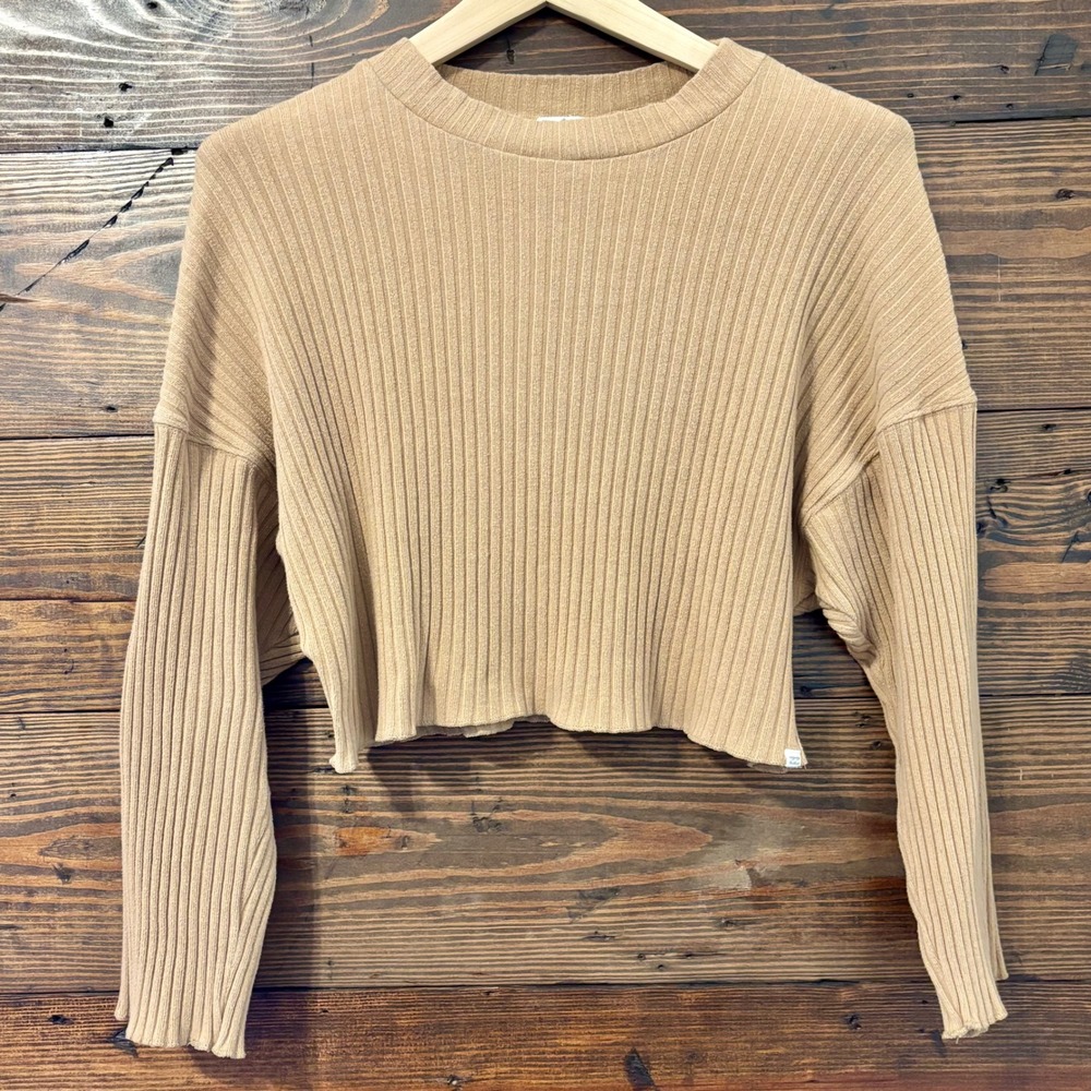 Billabong Ribbed Knit Sweater Women L Tan Cropped Long Sleeve Top Skater Boho